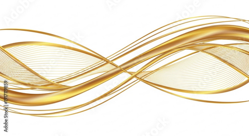 A golden abstract vector graphic design with swirling lines and a mesh pattern on a white background