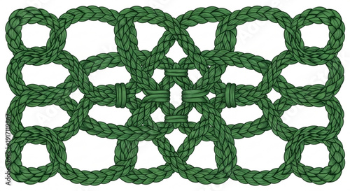 A green rope knot pattern design on a white background