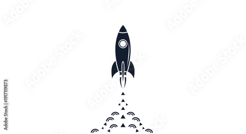A minimalist vector graphic of a rocket ship launching into space with a trail of geometric shapes