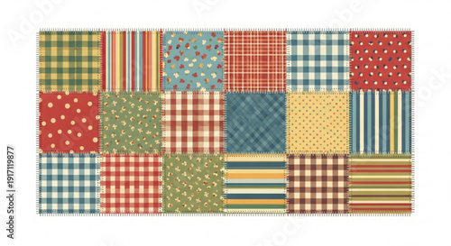 A colorful patchwork quilt with various patterns and textures on a white background