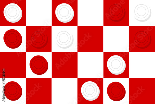 Game of checkers played on a red and white board with red and white pieces arranged on it
