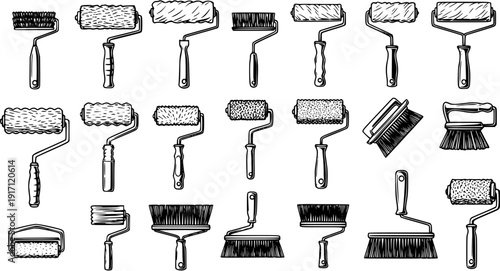 Vintage Engraving Set of Paint Brushes and Rollers. Hand-Drawn Collection of Painting and Decorating Tools for Home Improvement and Construction.