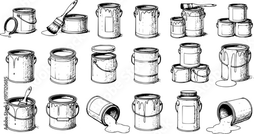 Black and White Sketch Illustration of Various Paint Cans and Brushes