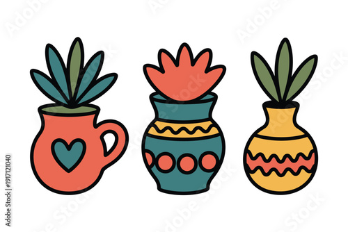 Three brightly colored potted succulent plants feature distinct decorative.