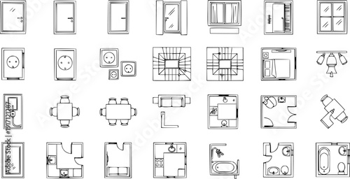 Architectural Floor Plan Symbols and Icons Set: Detailed Line Art Drawings of Doors, Windows, Outlets, Stairs, Furniture, and Room Layouts for Building Design