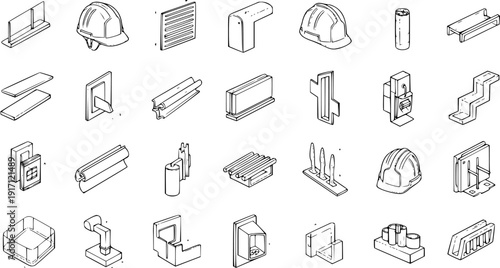 Isometric Line Art Icon Set of Industrial, Construction, and Architectural Components, featuring Hard Hats, Metal Profiles, Fasteners, and Connectors.