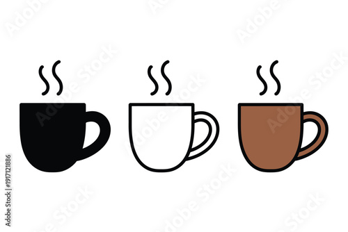 Different colored steaming hot beverage cups illustrated as simple vector icons.