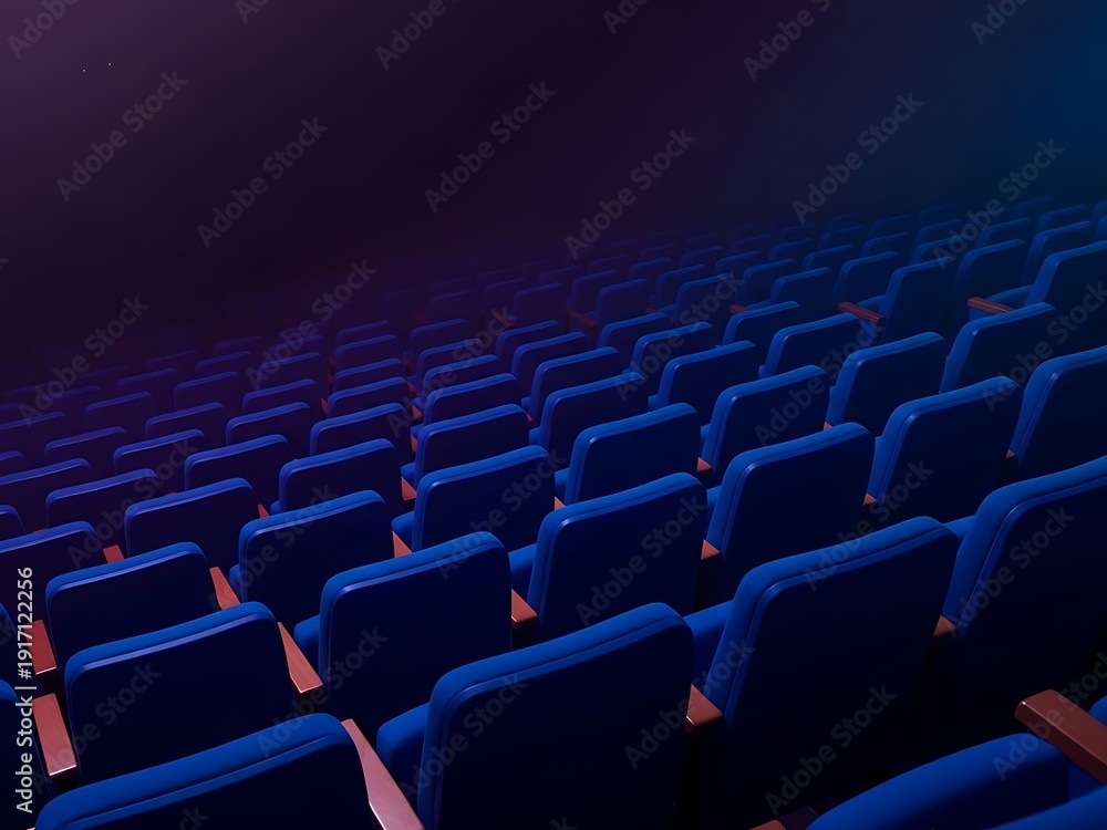 Naklejka premium Empty Blue Cinema Seating with Dramatic Theater Lighting. Generative Ai