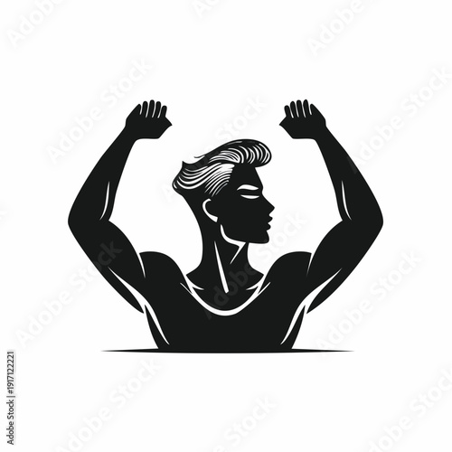 Dynamic Black‑and‑White Illustration of a Muscular Man Flexing Arms While Facing Right, Head Tilted Back, Eyes Closed, Emphasizing Strength and Power from a Front View Perspective