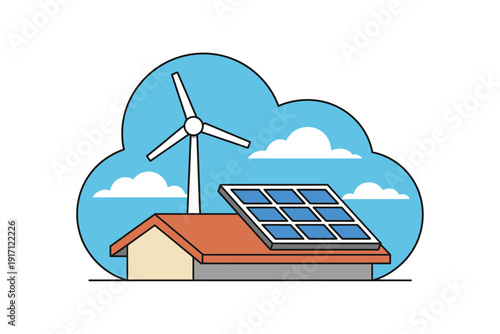 House with solar panel and wind turbine illustrates sustainable cloud energy.