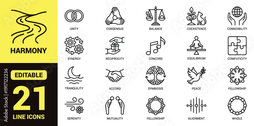 Harmony icon set with unity, consensus, balance, coexistence, synergy, reciprocity, concord, tranquility lotus, fellowship, serenity, alignment, and essential harmony ranking symbols in line‑art style