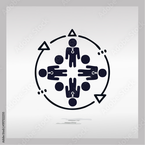 Graphic illustration of a central figure with a keyhole surrounded by four figures, unified by a clockwise arrow, symbolizing teamwork and unity in a simple setting