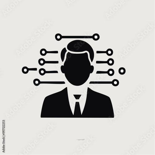 Depicts a sharply dressed man with head and shoulders in a front view vector illustration, set in a minimal studio setting, emphasizing black-and-white graphic technology innovation