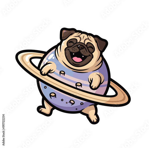 Cute pug cartoon with Saturn planet ring in playful design