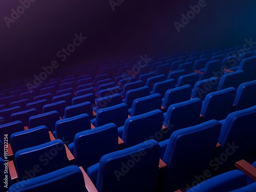 Empty Blue Cinema Seating with Dramatic Theater Lighting. Generative Ai