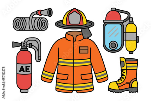 Essential equipment for firefighters, including helmet, jacket, hose,.