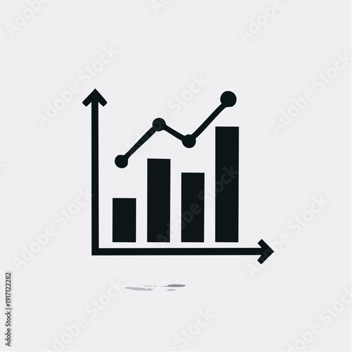 Observing a minimalist black‑and‑white bar and line graph illustration depicting rising data trends, centered on a clean white canvas, viewed from a frontal analytical perspective