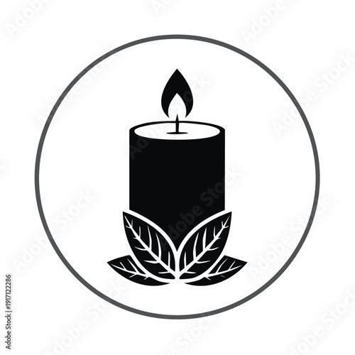 Centered black-and-white illustration of a candle with a teardrop flame, three stylized leaves and an imperfect circular outline, viewed from a frontal perspective, emphasizing minimalistic elegance