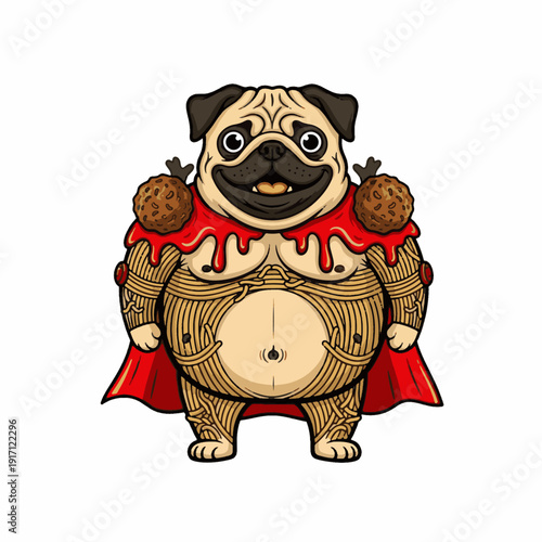 Cartoon pug superhero with red cape and meatball shoulders
