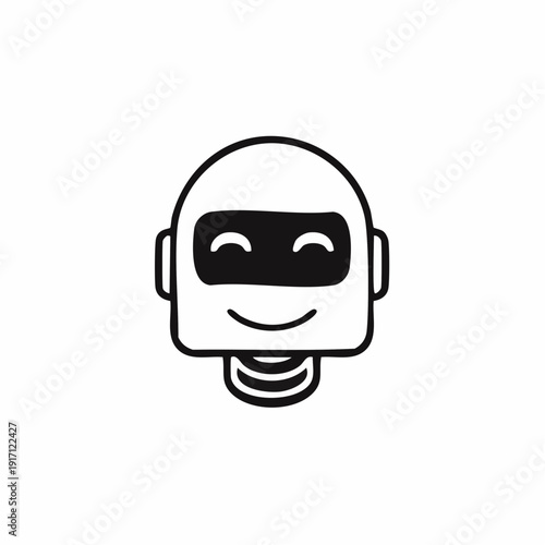 Close-up illustration of a smiling robot head rendered in bold black line drawing style, centered on a plain white backdrop, viewed from a frontal perspective, showcasing minimalist design elements