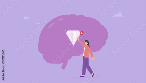 Businesswoman adding diamond inside big brain. Brilliant mind, building self confidence, personality development concept.