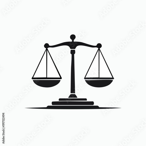 A minimalist black-and-white illustration showing a balanced scale in a studio setting, captured from a frontal viewpoint, emphasizing symmetry, measurement, and graphic design simplicity