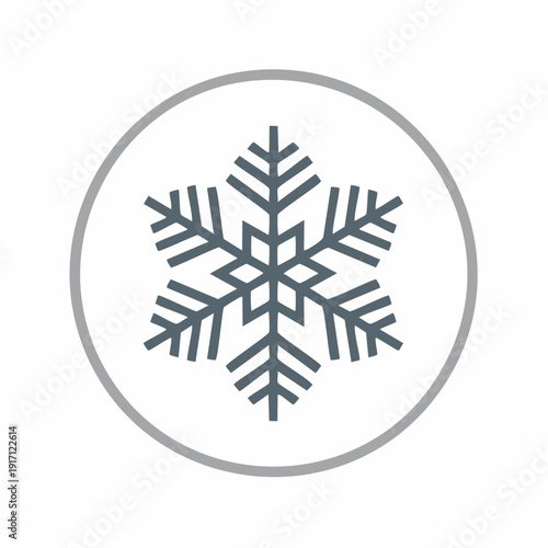 Centered close‑up view of a dark blue snowflake with sixfold symmetry inside a thin gray circle, captured as a minimalist illustration emphasizing delicate geometry and serene winter elegance