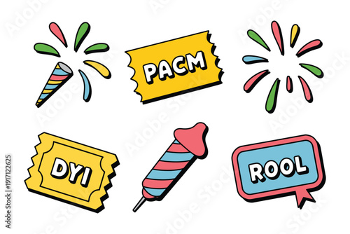 Celebration graphics including colorful fireworks, festive poppers, and event.