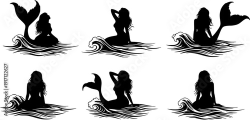 Silhouette mermaid sitting on the waves. Isolated figure of girl from fairytale.