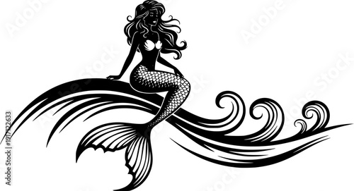 Silhouette mermaid sitting on the waves. Isolated figure of girl from fairytale.