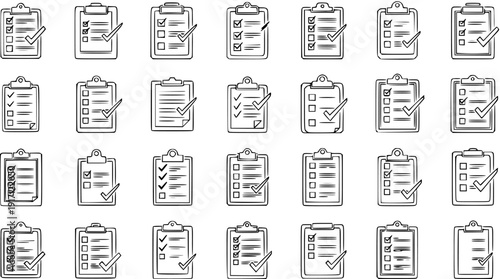 Collection of Hand-Drawn Sketch Clipboard Checklist Icons with Checkmarks and Empty Boxes, Perfect for Task Management and To-Do Lists