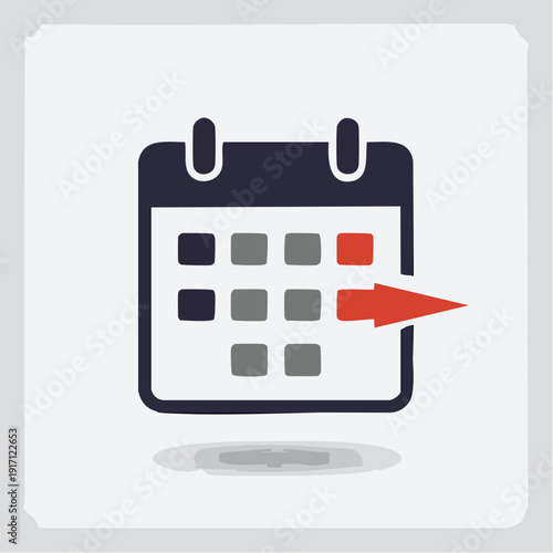 View of a minimalist calendar graphic with a bold red arrow highlighting a specific date, set against a light gray backdrop, emphasizing scheduling and planning in flat design perspective