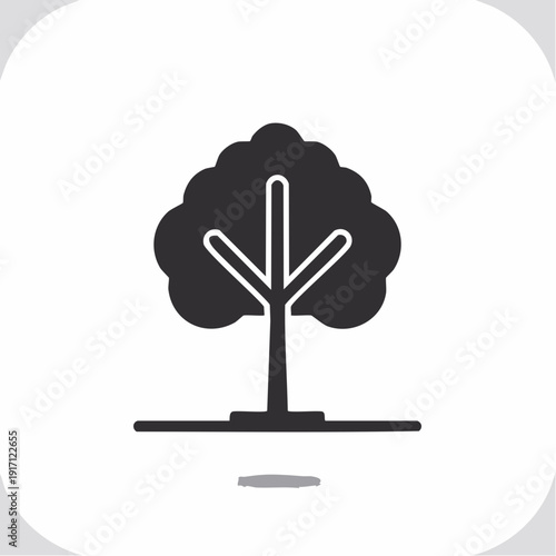 Centered black silhouette tree with bold trunk, three white branch lines and cloud-like solid leaf shape, minimalist graphic illustration viewed from front on white surface