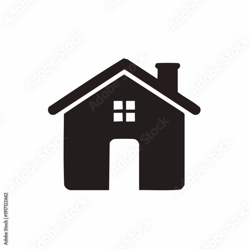 Minimalist black‑and‑white illustration of a centered house with triangular roof, chimney, rectangular door and square window, viewed straight on against a plain white backdrop