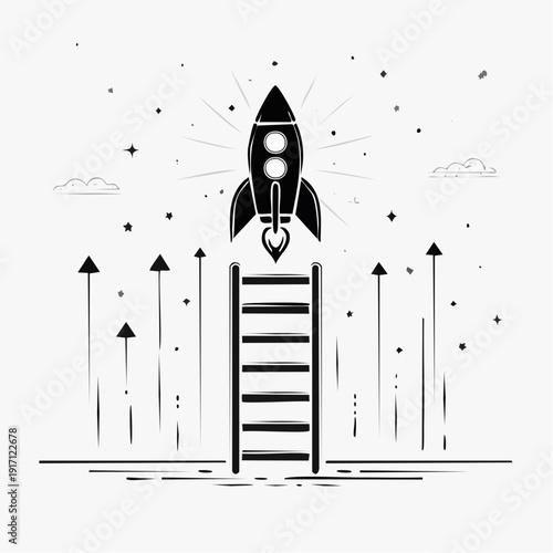 Dynamic upward thrust of a black‑and‑white rocket illustration soaring amid staggered arrows and puffy clouds, centered symmetrical view in minimalist vector art