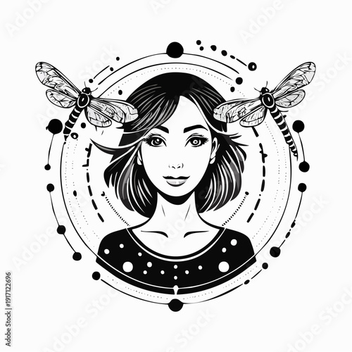 Close‑up view of a stylized woman head and shoulders framed by fluttering butterflies, circular pattern lines and dots in a black‑and‑white illustration, emphasizing simple shapes and bold contrast