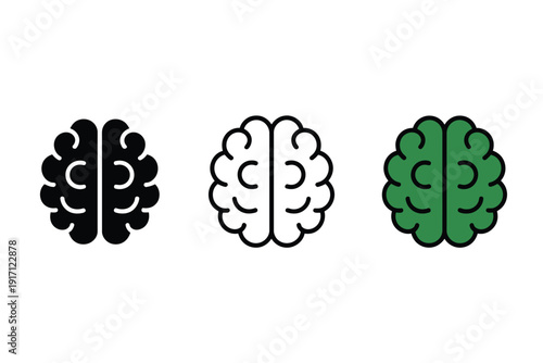 Three brain icons display neurological concepts in solid, line art, and colored.
