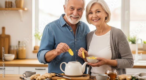 Senior Couple Preparing Ginger Tea in Kitchen - Healthy Elderly Lifestyle Natural Wellness Cooking Together