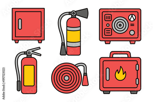 Collection of fire safety equipment icons includes extinguishers, hose,.