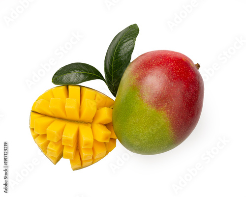 Ripe mango with leaves isolated on white, top view