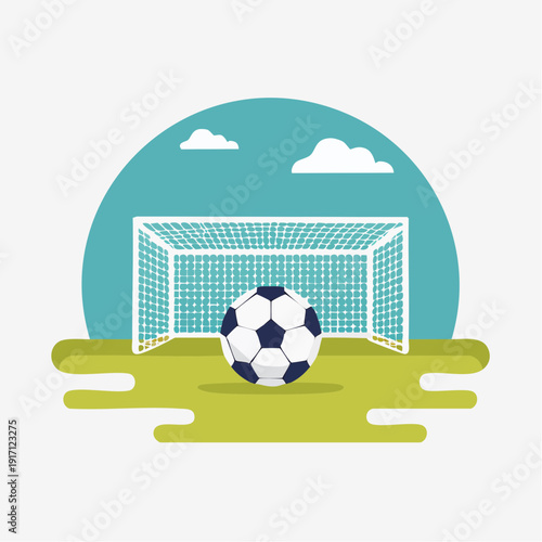 Football in front of goal on green field with clouds