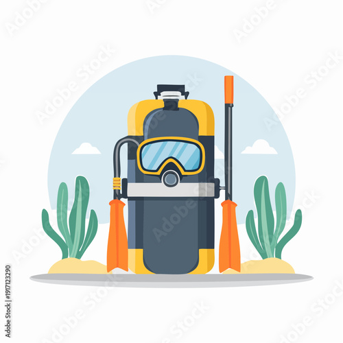Scuba diving gear on sandy beach with cacti