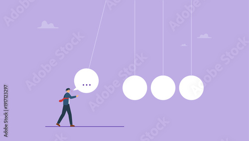 Businessman in front of newton's cradle with a chat bubble, effect of speech or communication, Gossip and fake news concept.