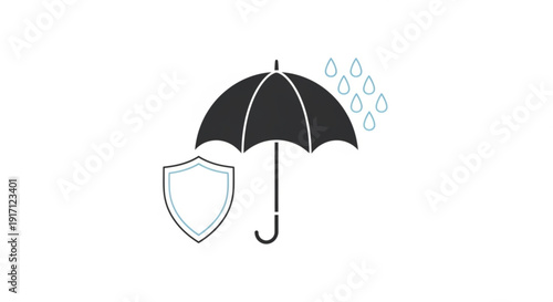 A vector graphic illustration of an umbrella and shield symbolizing protection and safety from the rain.