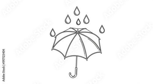 A minimalist line art illustration of an umbrella with raindrops on a white background