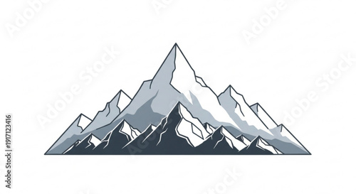 A minimalist vector graphic illustration of a mountain range in shades of gray and white