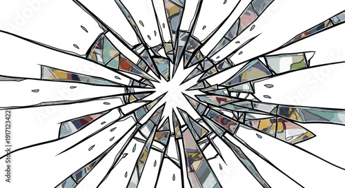 A vector graphic illustration of a broken glass or shattered window with sharp shards and colorful fragments on a white background