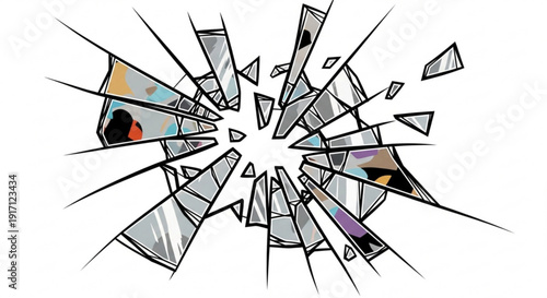A vector graphic illustration of a shattered glass window with sharp shards and colorful fragments on a white background