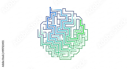 A colorful maze illustration in a circular shape with blue and green lines on a white background
