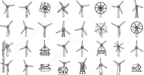 Set of various hand-drawn wind turbine icons, illustrating different types of windmills and renewable energy generators in a sketch outline style.